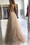 A line V-neck Beads Sleeveless Tulle Long Prom Dress With Slit,Sexy Evening Dress