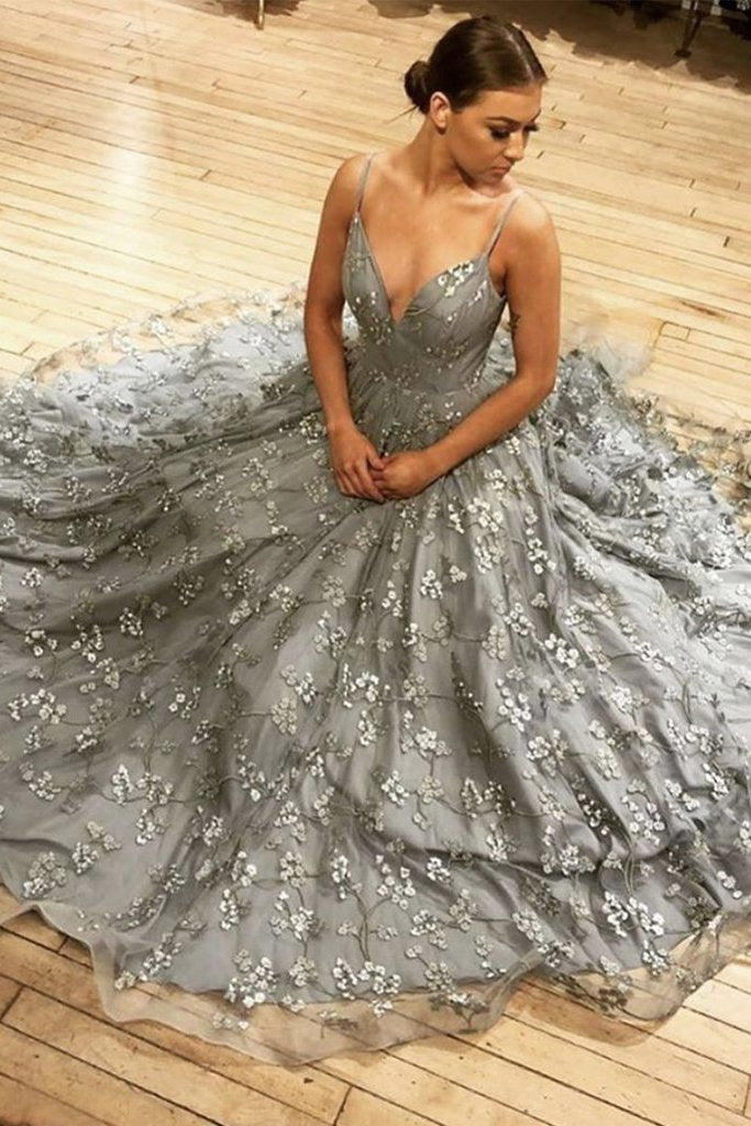 Gray V-neck Tulle Lace Long Prom Dress,Formal Dresses A-line Long Evening Gown
