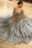Gray V-neck Tulle Lace Long Prom Dress,Formal Dresses A-line Long Evening Gown