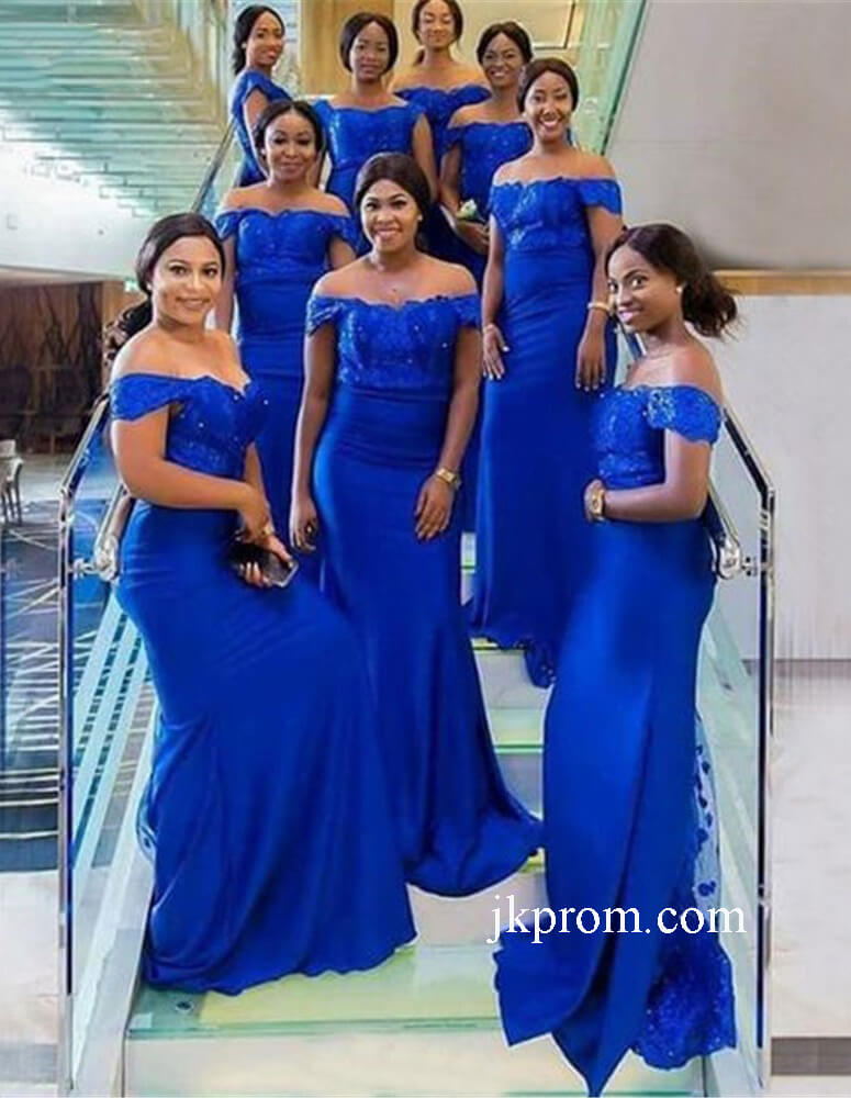 Royal Blue Off Shoulder Wedding Party Dress,Bridesmaid Dresses with Lace Beaded Mermaid