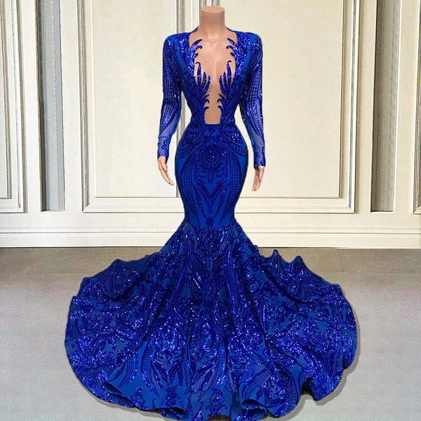 Sparkly Royal Blue Mermaid Long Prom Dresses with Sleeves – jkprom