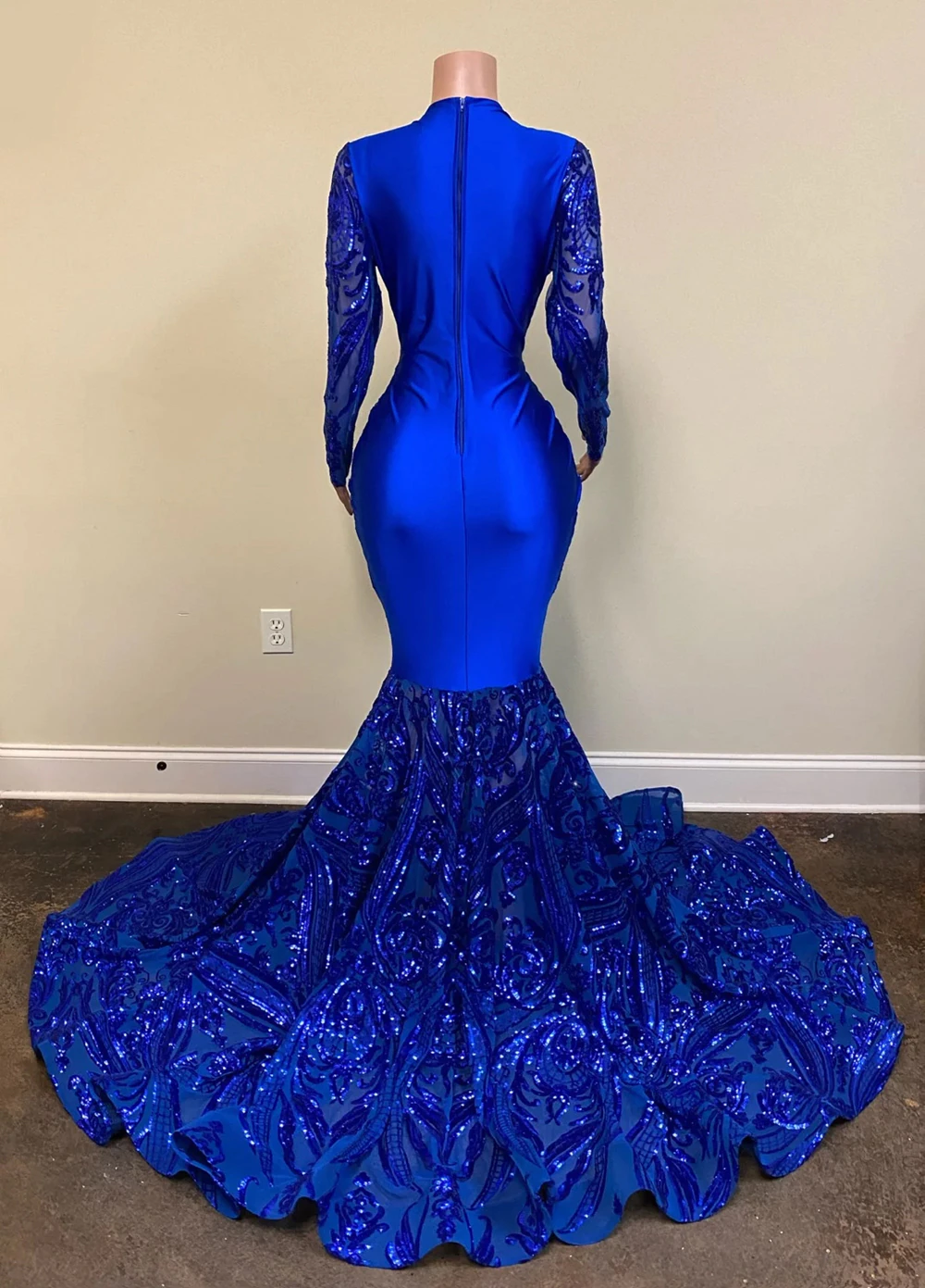 Royal Blue Mermaid Long Prom Dresses with Sleeves,Formal Dress with Sequins