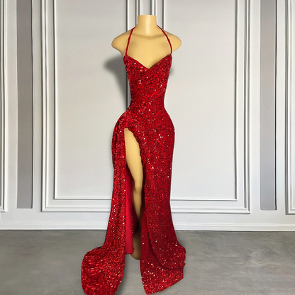 Sexy High Slit Sparkly Red Sequined Long Prom Dresses for Black Girls jkprom Sexy High Slit Sparkly Red Sequined Long Prom Dresses for Black Girls jkprom