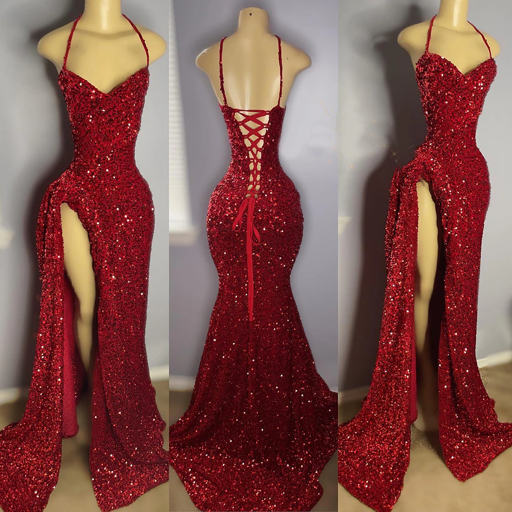 Sexy High Slit Sparkly Red Sequined Long Prom Dresses for Black Girls jkprom Sexy High Slit Sparkly Red Sequined Long Prom Dresses for Black Girls jkprom