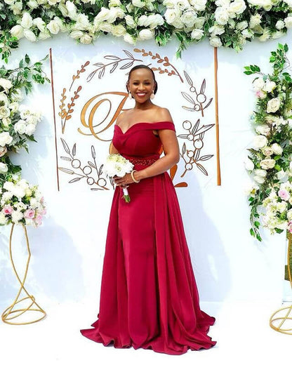 burgundy african dress Burgundy Long Wedding Party Dress African Prom Gown with Detachable Tr jkprom