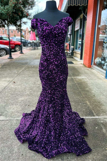 Purple Sequin Off Shoulder Mermaid Prom Dresses Evening Gown – jkprom