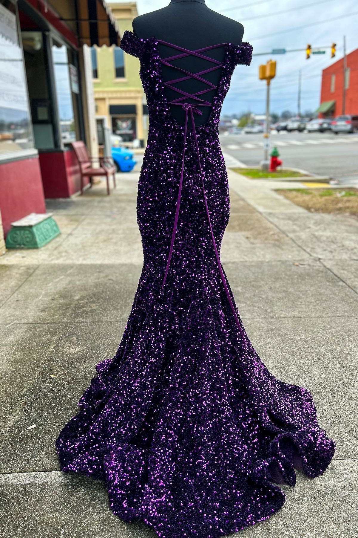 Purple Sequin Off-the-Shoulder Lace-Up Mermaid Prom Dresses Evening Gowns