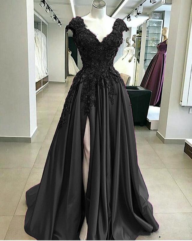 Lace Flowers Beaded Cap Sleeves V-neck Prom Dresses Split Evening Gowns