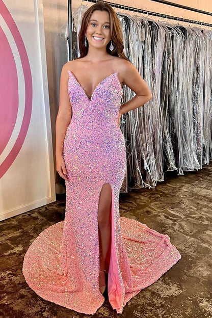 Iridescent Pink Sequin Mermaid Long Evening Dress with Slit jkprom Iridescent Pink Sequin Mermaid Long Evening Dress with Slit jkprom