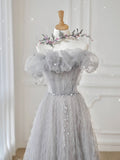 Gray tulle off shoulder long prom dress, gray tulle formal dress