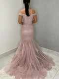 Pink off shoulder tulle sequin long prom dress, pink tulle formal dress