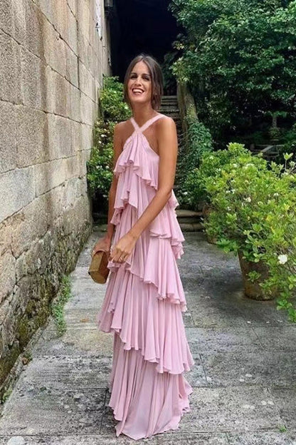 Tiered Chiffon Floor Length Prom Dress Pink Formal Evening – jkprom Tiered Chiffon Floor Length Prom Dress Pink Formal Evening – jkprom