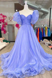 Lavender Strapless A-Line Organza Court Train Prom Dress with Puff Sleeves