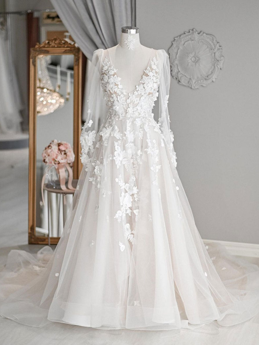 Elegant Beach Lace Wedding Dresses,White Long Sleeve Women Garden Bridal Gown