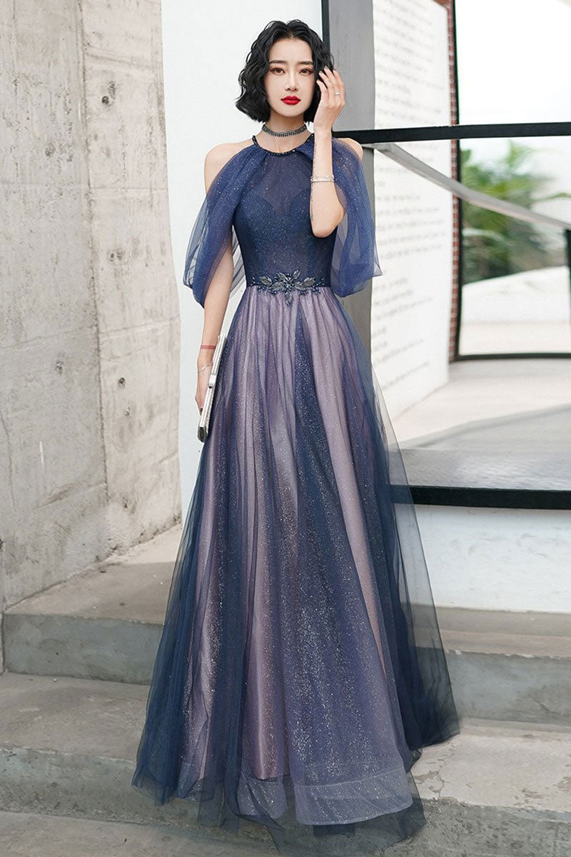 Navy Blue Tulle Long Prom Dress,Sparkly A Line Formal Dresses