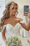 Beautiful Princess Off the Shoulder A-line Appliques Wedding Dress With Long Train