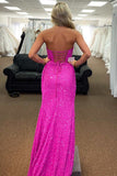 Barbie Pink Sequin Strapless Mermaid Long Prom Dress with Slit,Sequin Formal Dresses
