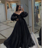 Black Long Sleeves Prom Dresses,Organza Formal Dresses,Party Dress with Train