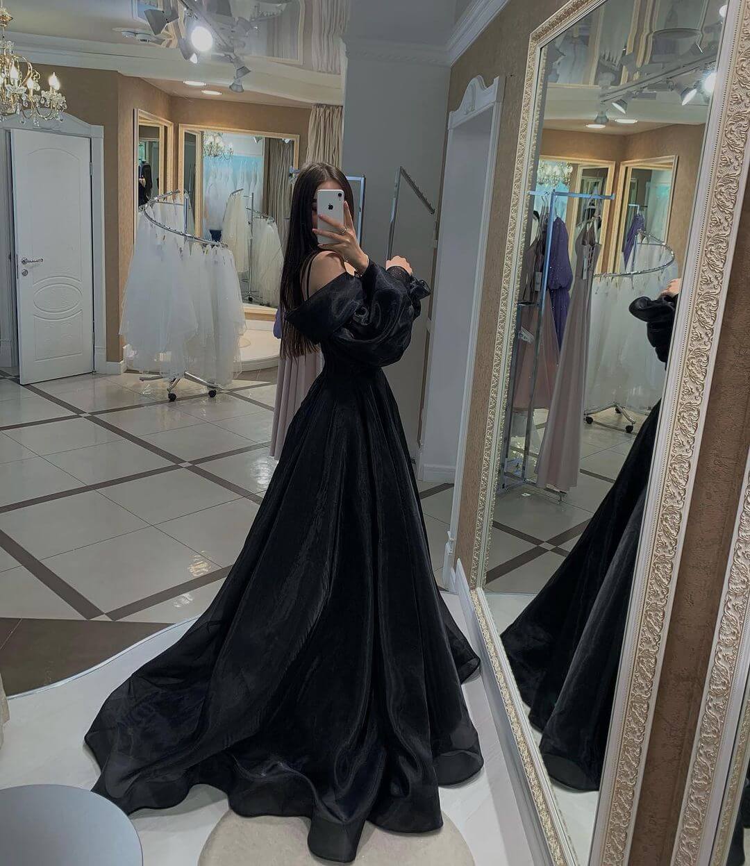 Black Long Sleeves Prom Dresses,Organza Formal Dresses,Party Dress with Train