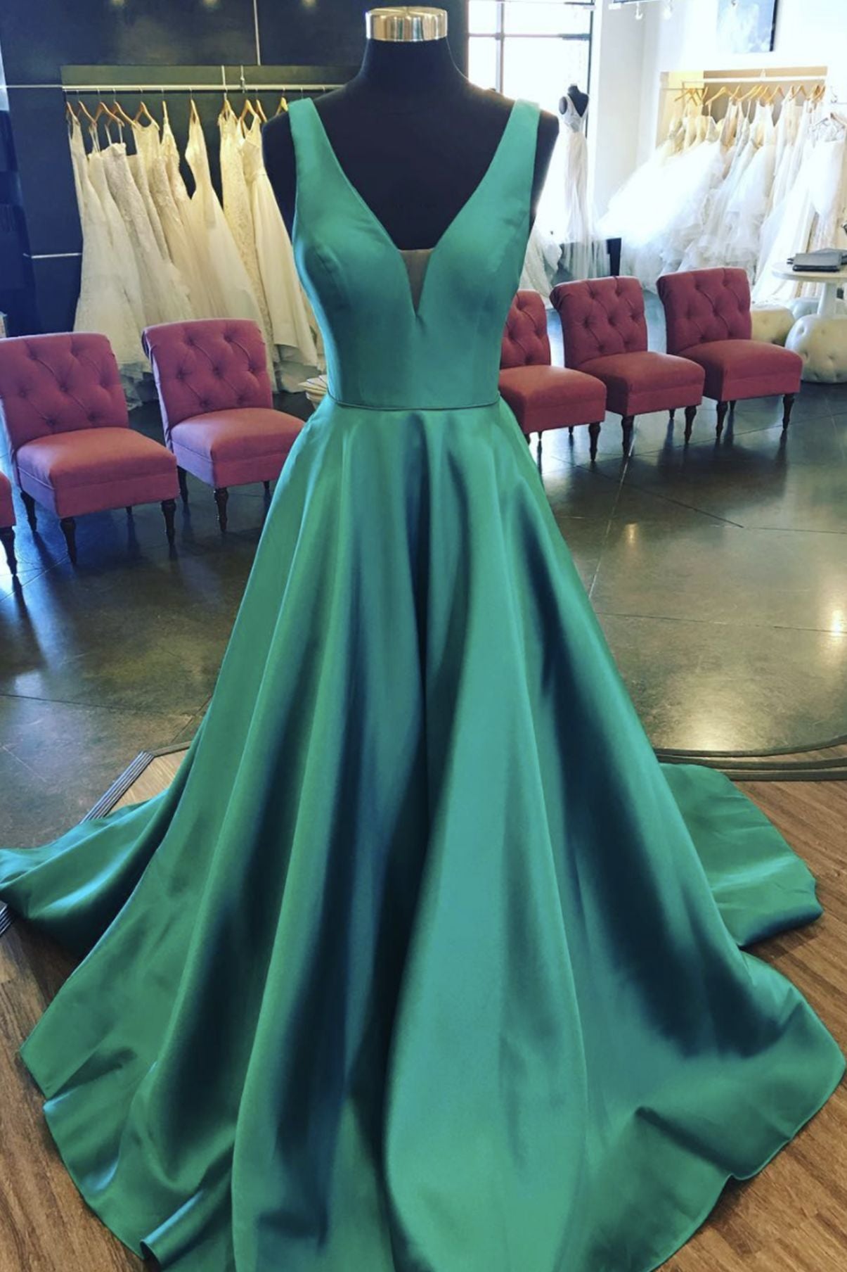 Satin Green Prom Dress,Long Evening Dress,Birthday Party Gown Long, V Neck Back to School