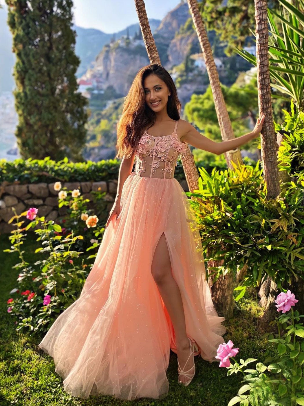 Pink tulle lace long prom dress, pink tulle lace long evening dress