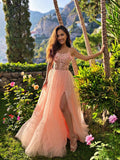 Pink tulle lace long prom dress, pink tulle lace long evening dress