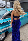 Royal Blue Sequin Strapless Lace-Up Mermaid Long Prom Dresses with Slit