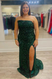 Hunter Green Sequin Strapless Long Formal Dress with Slit,Plus Size Prom Dresses