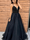 A Line Black Tull Beads Long Prom Dresses, A Line Black Tull Beads Long Formal Evening Dresses