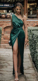 Mermaid One Shoulder Side Slit Simple Eramald Green Long Prom Dresses