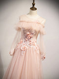 Pink round neck tulle lace long prom dress, pink lace bridesmaid dress