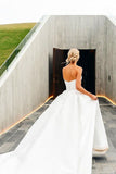 A-Line V Neck Satin Wedding Dresses with Detachable Straps