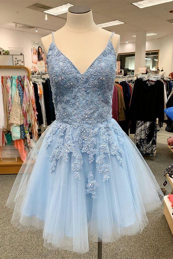 Chic A-line Light Blue Tulle Homecoming Dress With Lace Appliques,Cocktail Dress,Semi Formal Dresses