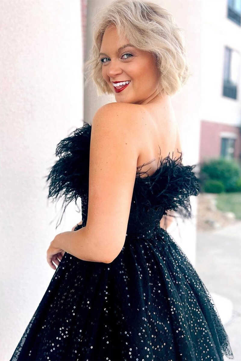 Black Sequins Feather Short Homecoming Dresses for Weddings