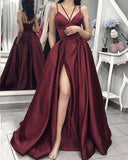 Spaghetti Straps V-neck Long Satin Split Prom Dresses,Formal Dress