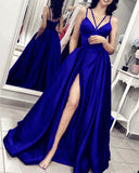 Spaghetti Straps V-neck Long Satin Split Prom Dresses,Formal Dress