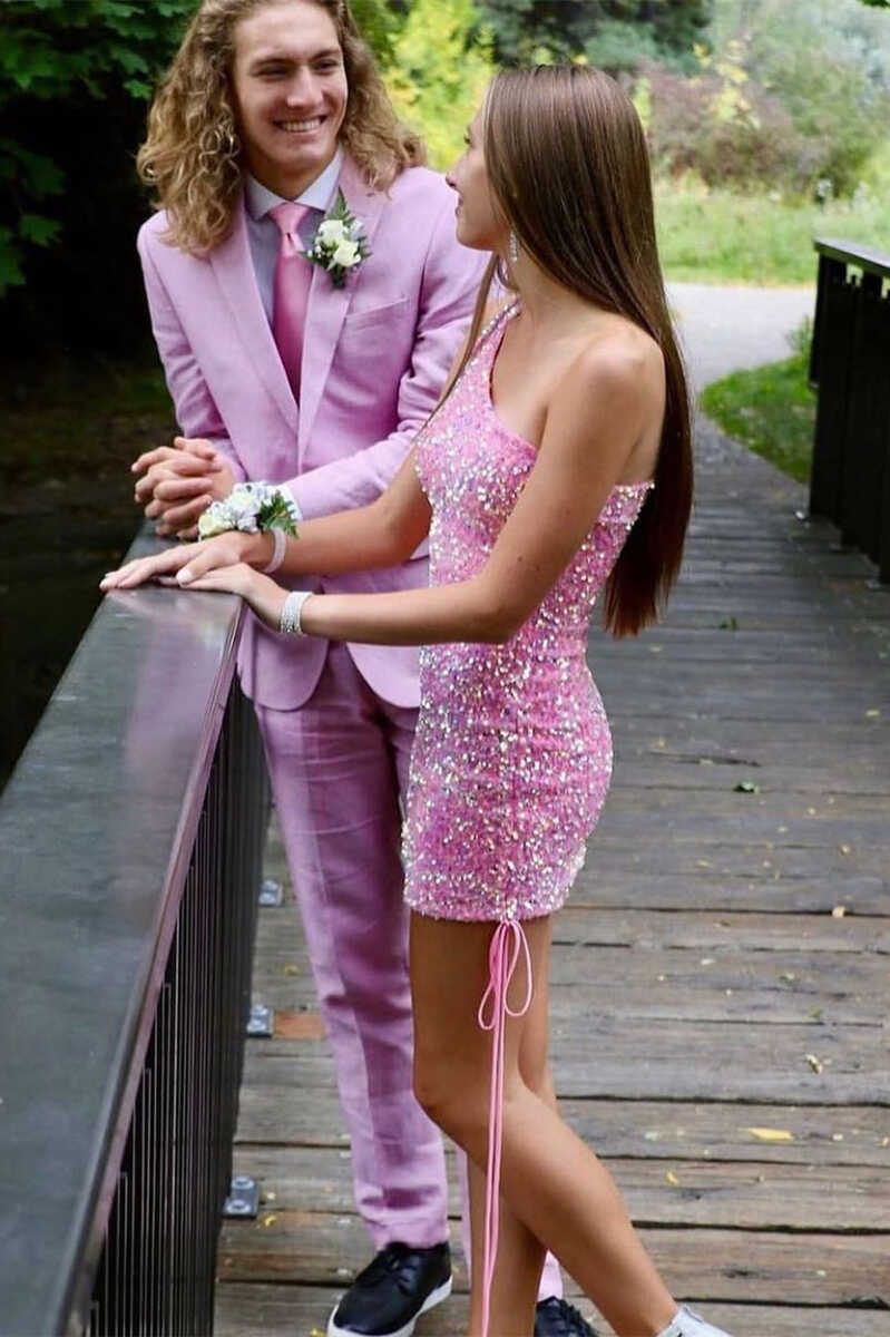One-Shoulder Pink Sequin Cocktail Dress Classy Evening jkprom One-Shoulder Pink Sequin Cocktail Dress Classy Evening jkprom