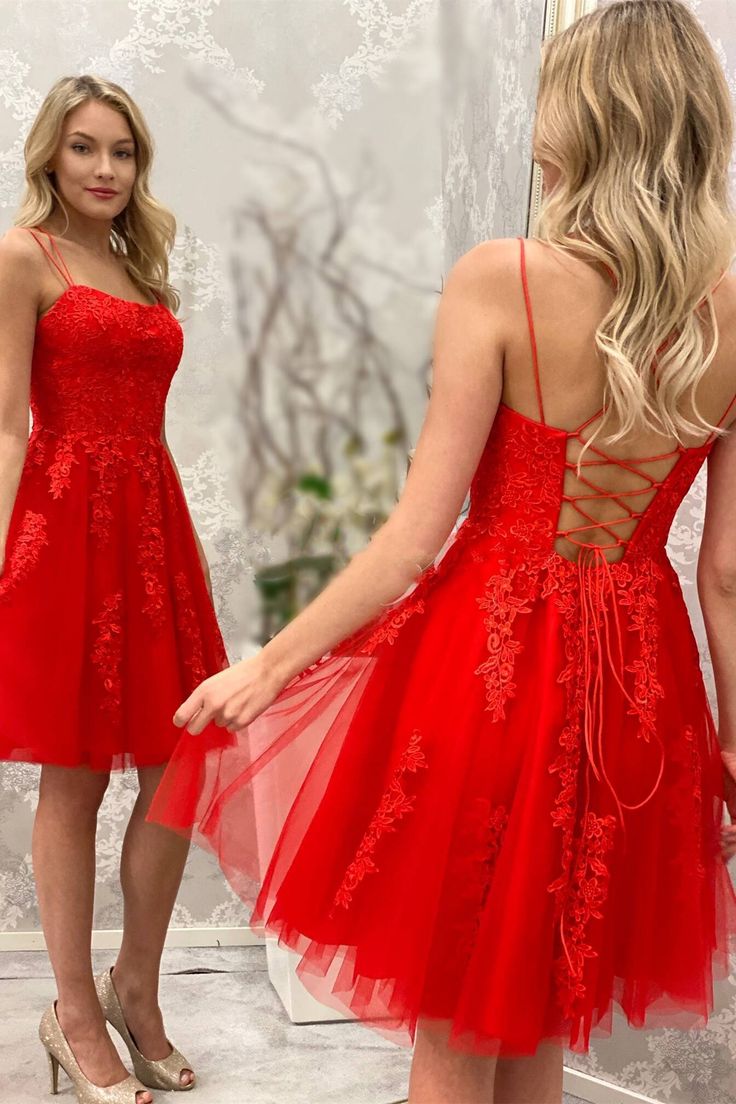 Elegant Spaghetti Straps Red Lace Short Homecoming Dress,Formal Mini Dresses
