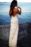 Spaghetti Straps Backless Evening Gown Lace Prom Dress With Front Split