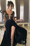 Sexy Black Lace Applique Long Sleeve Prom Dress Evening Dresses