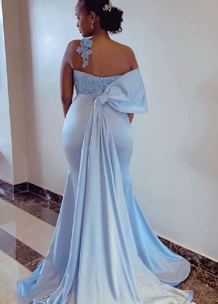 Long Baby Blue One Shoulder Mermaid Bridesmaid Dresses,Backless Appliques Black Women Maid Of Honors Gown