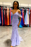 Lavender Appliques Feather Mermaid Long Prom Dress,Evening Gowns Formal Weddings