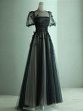 Flowy Black and Ivory Tulle A-line Prom Dress with Short Bubble Sleeves