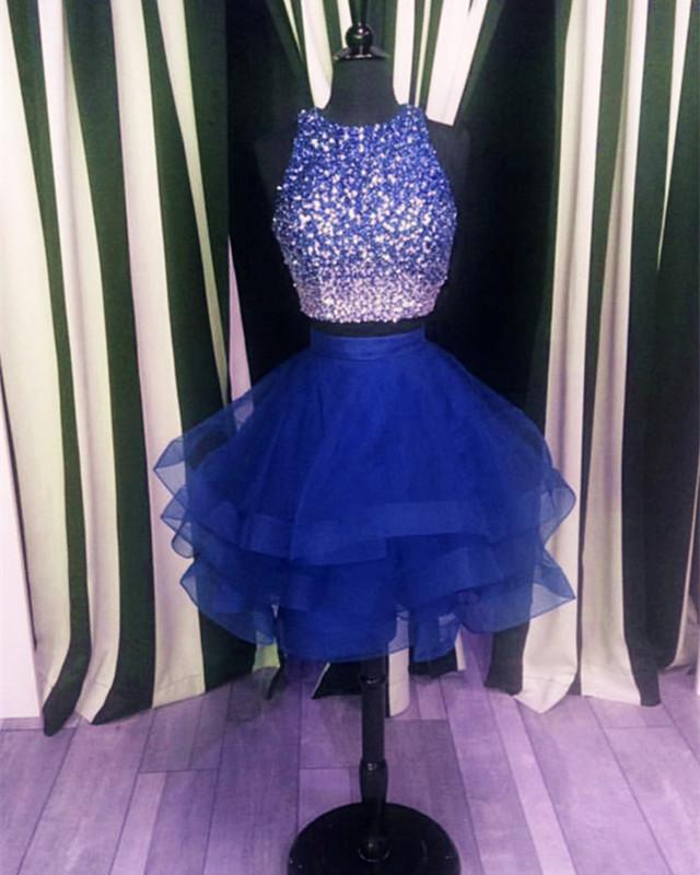 Two Piece Ruffles Ball Gown Homecoming Dresses,Navy Blue Semi Formal Dress