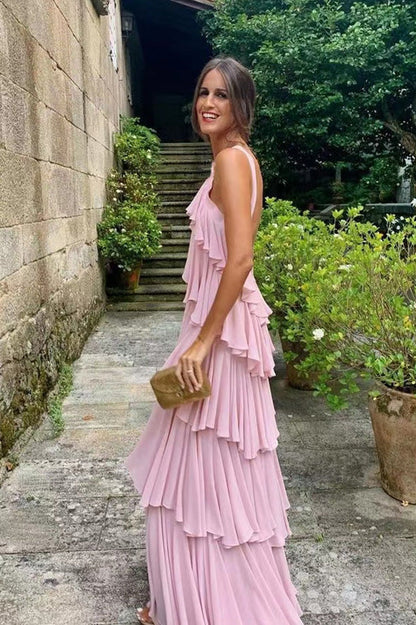 Tiered Chiffon Floor Length Prom Dress Pink Formal Evening – jkprom