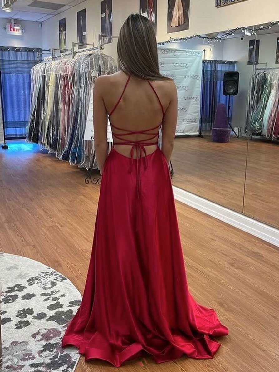 Simple red v neck satin long prom dresses, women split formal evening dress