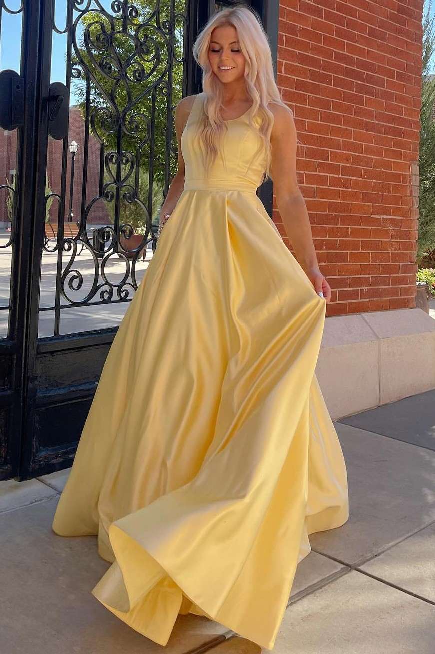 Yellow Cutout Back A-Line Formal Dress with Rhinestones Evening Gown