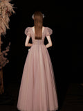 Pink tulle sequin long prom dress, pink tulle sweet 16 dress