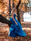 Blue one shoulder tulle lace long prom dress, blue tulle formal dress
