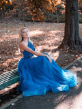 Blue one shoulder tulle lace long prom dress, blue tulle formal dress